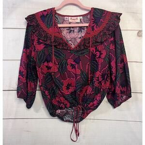 Vintage Top Size MED Ruffles Shoulder Pads Printed Purple Red Green Boehmian